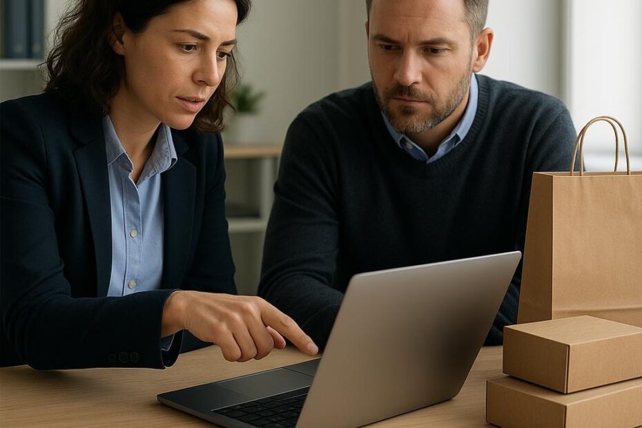 Dos profesionales revisan en una laptop la operación de una tienda en línea junto a cajas y una bolsa de envío sin marca.