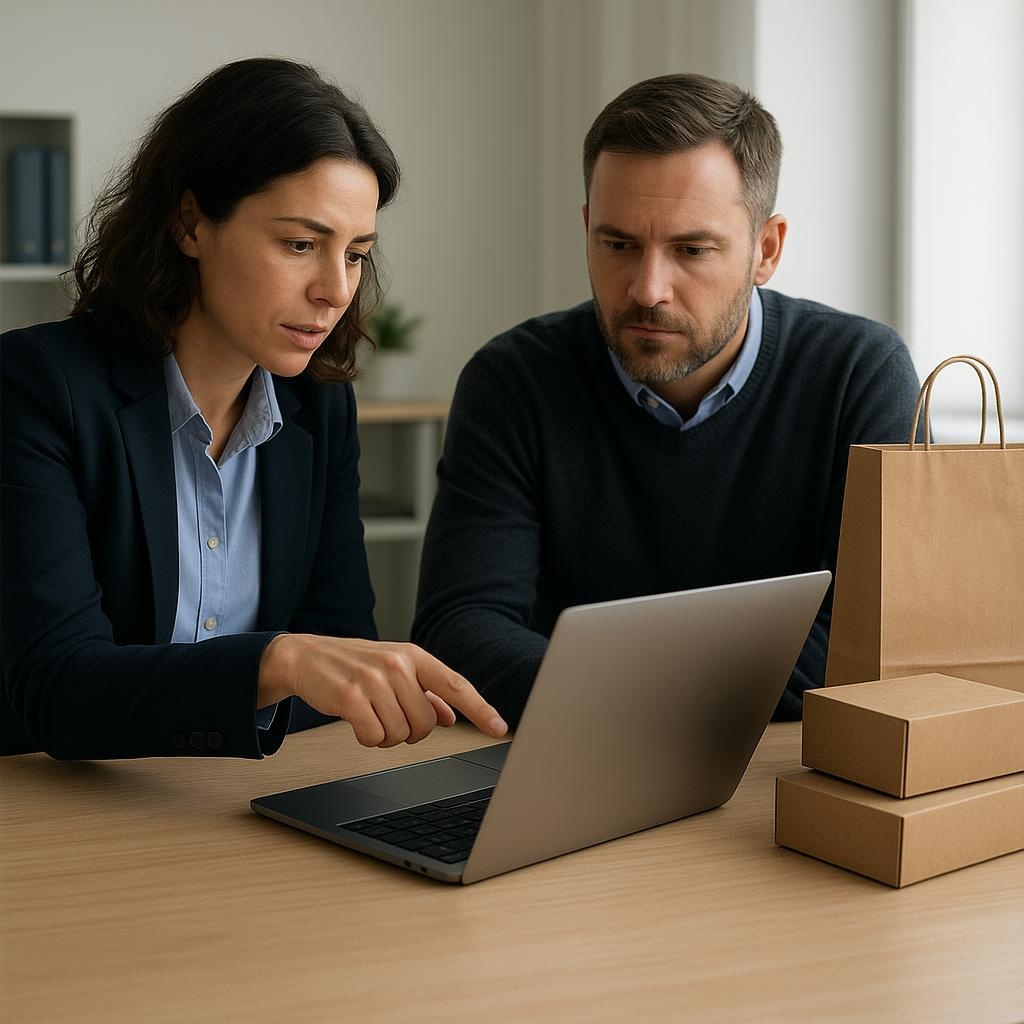 Dos profesionales revisan en una laptop la operación de una tienda en línea junto a cajas y una bolsa de envío sin marca.